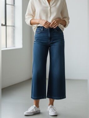 PAIGE Anessa Wide Leg Jeans Size 30 High Rise Cropped Blue Stretch Denim